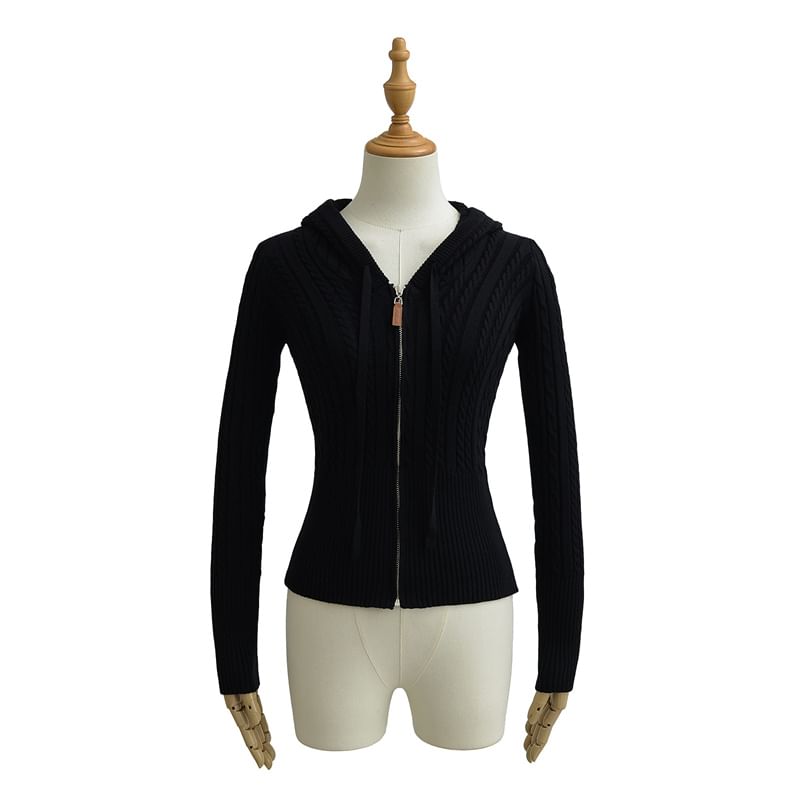 Hooded Cable Knit Zip Cardigan with High Waist Shorts
