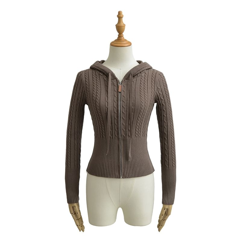 Hooded Cable Knit Zip Cardigan with High Waist Shorts