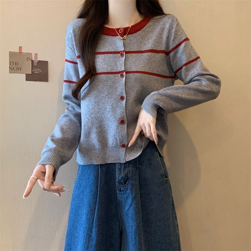 Two-Tone Striped Round Neck Cardigan