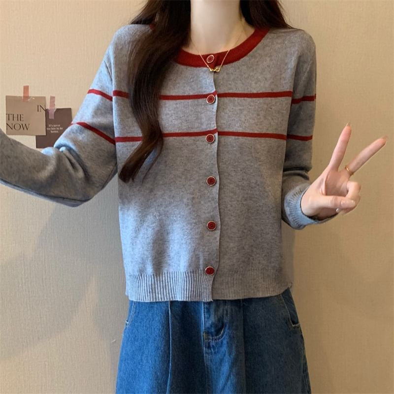 Two-Tone Striped Round Neck Cardigan