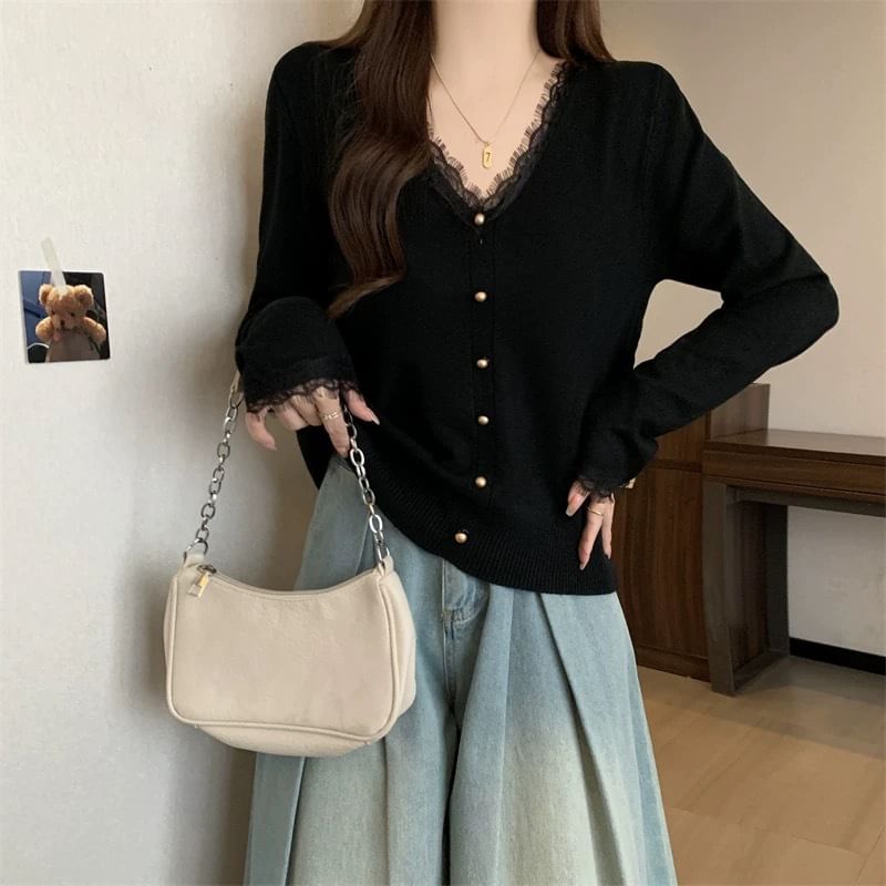 Lace Trim V-Neck Cardigan
