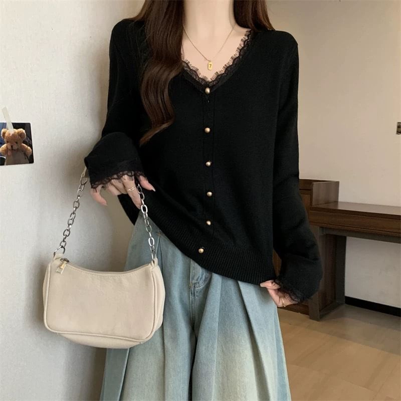 Lace Trim V-Neck Cardigan
