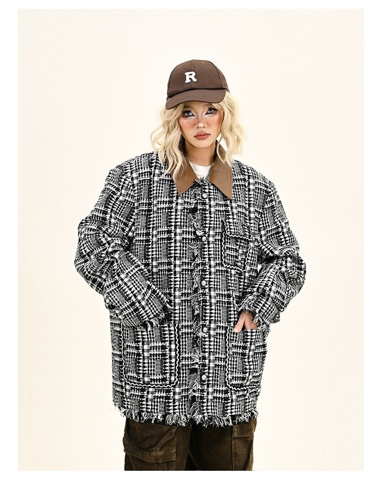 Contrast Collar Plaid Fringed Tweed Button Jacket