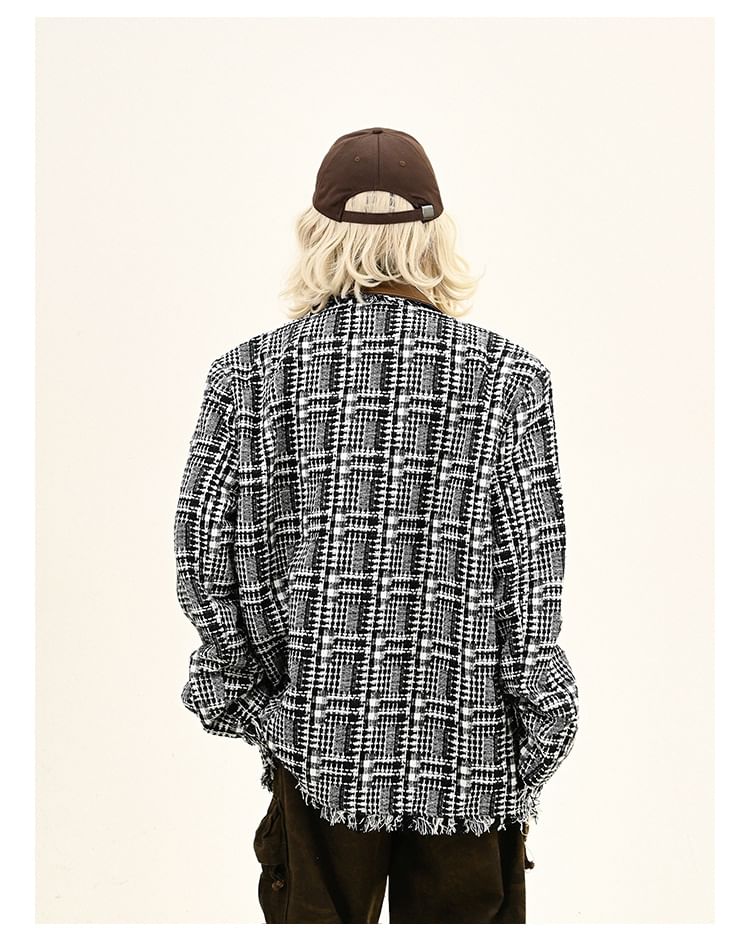 Contrast Collar Plaid Fringed Tweed Button Jacket