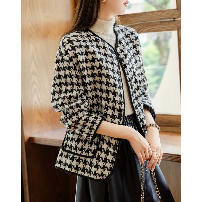 Round Neck Houndstooth Tweed Button Jacket