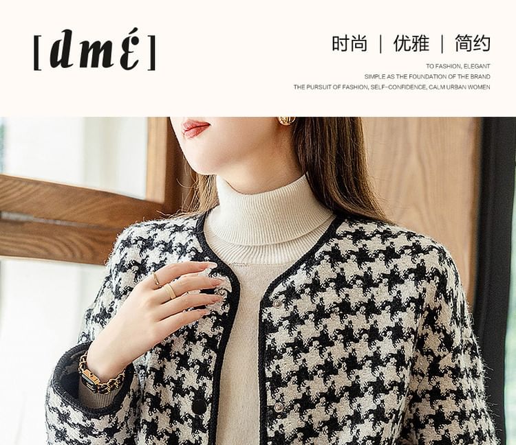 Round Neck Houndstooth Tweed Button Jacket