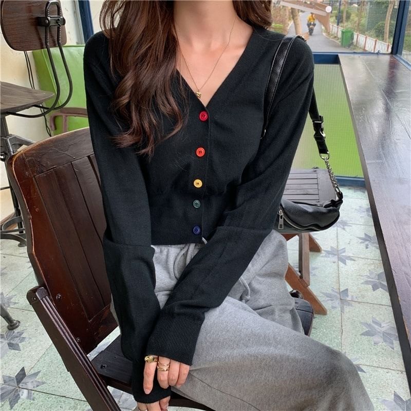 Cropped V-Neck Plain Cardigan