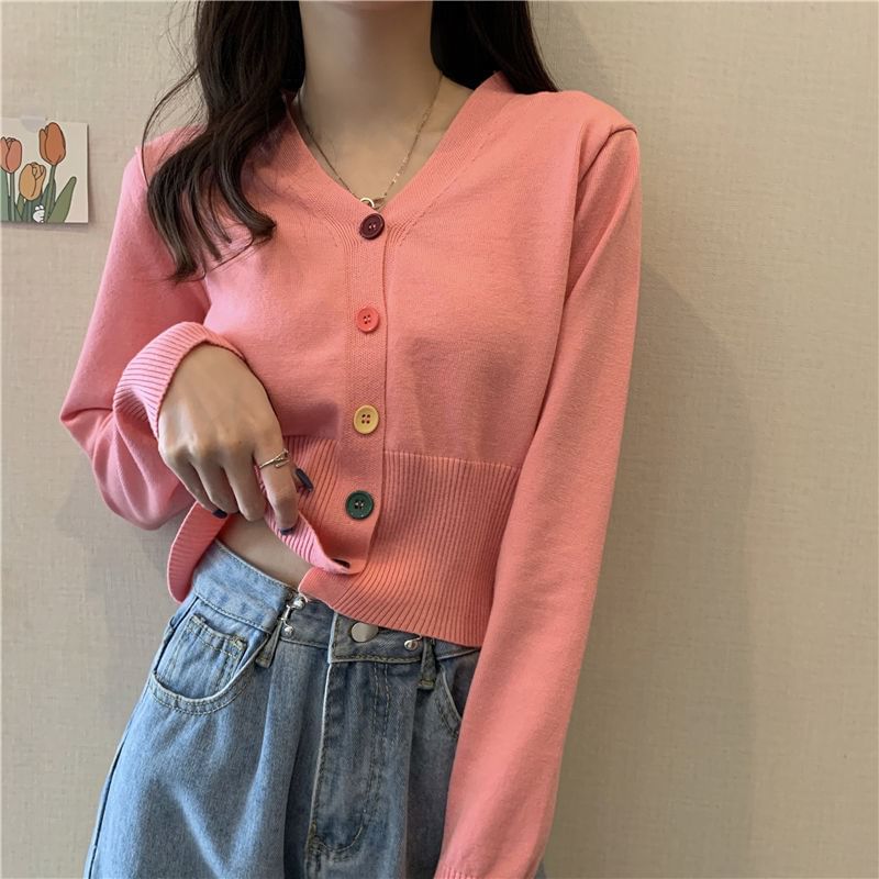 Cropped V-Neck Plain Cardigan