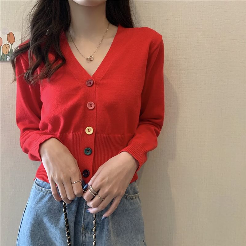 Cropped V-Neck Plain Cardigan