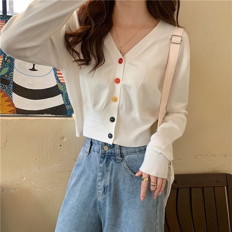 Cropped V-Neck Plain Cardigan