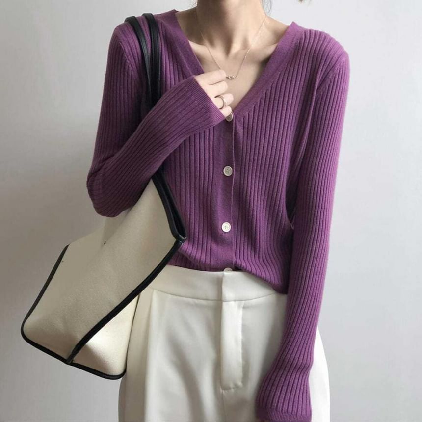 Ribbed V-Neck Plain Cardigan