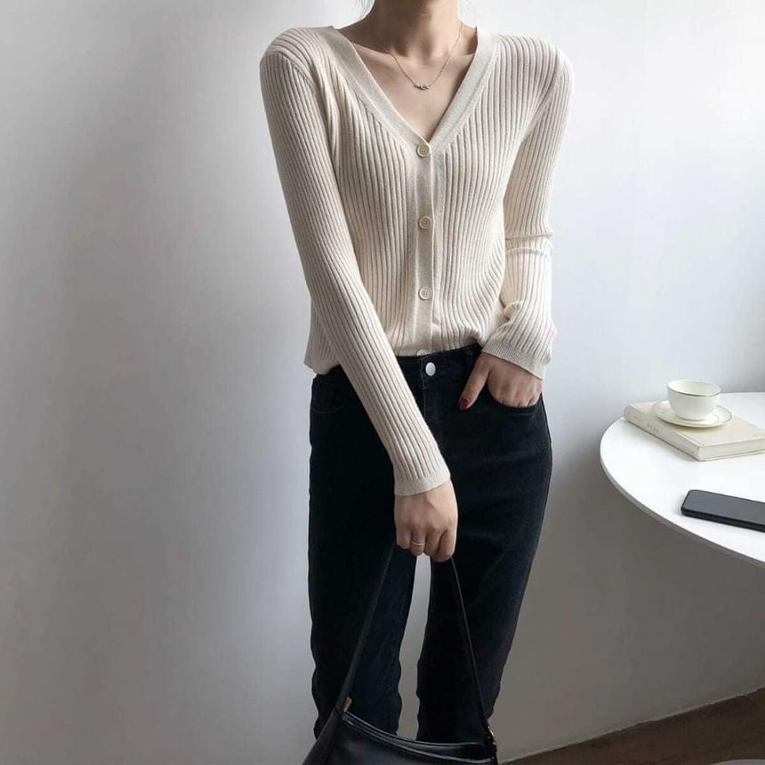 Ribbed V-Neck Plain Cardigan