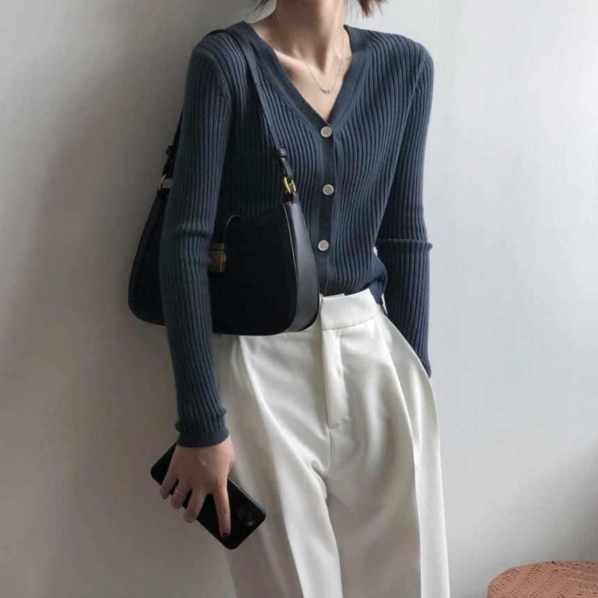 Ribbed V-Neck Plain Cardigan