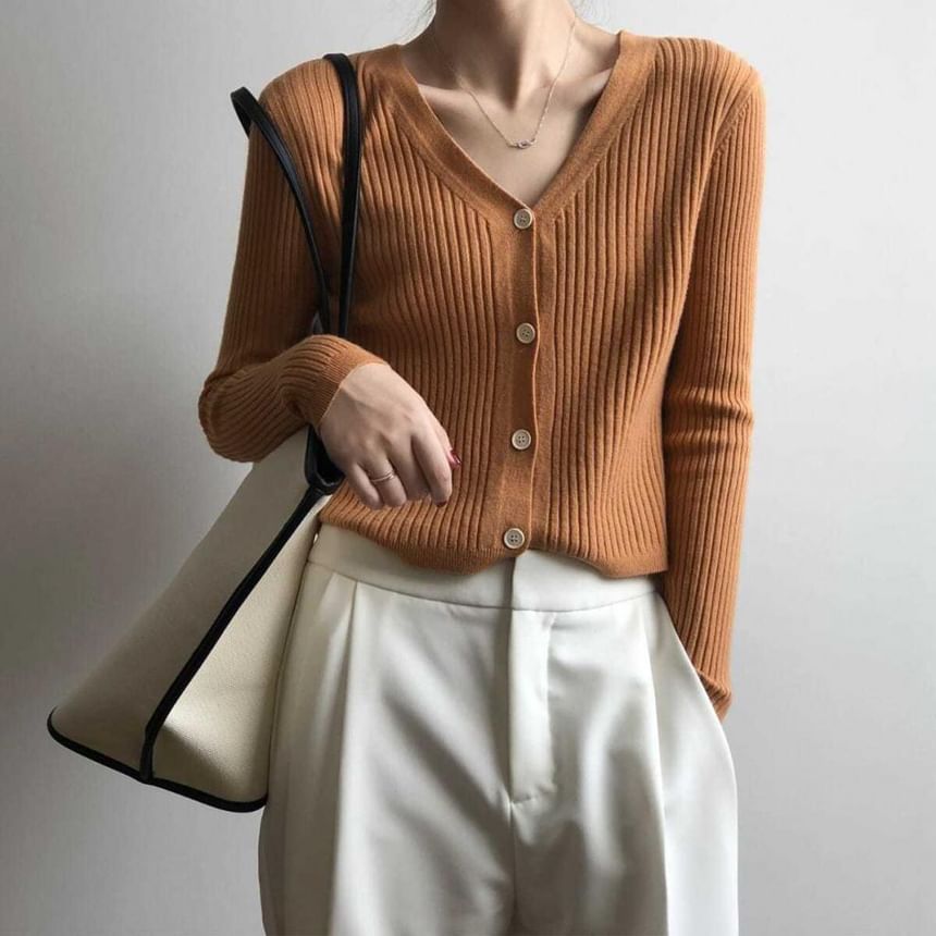 Ribbed V-Neck Plain Cardigan