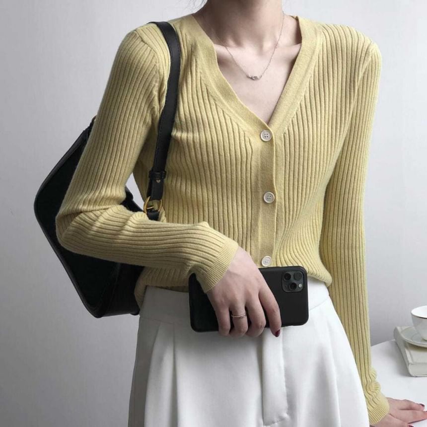 Ribbed V-Neck Plain Cardigan