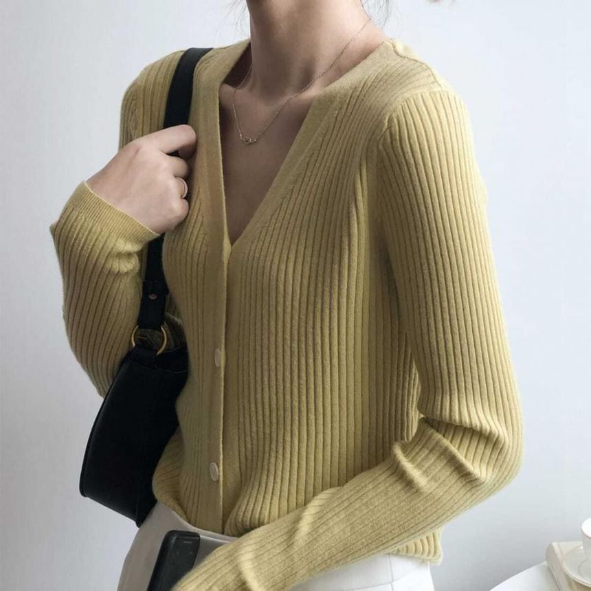 Ribbed V-Neck Plain Cardigan