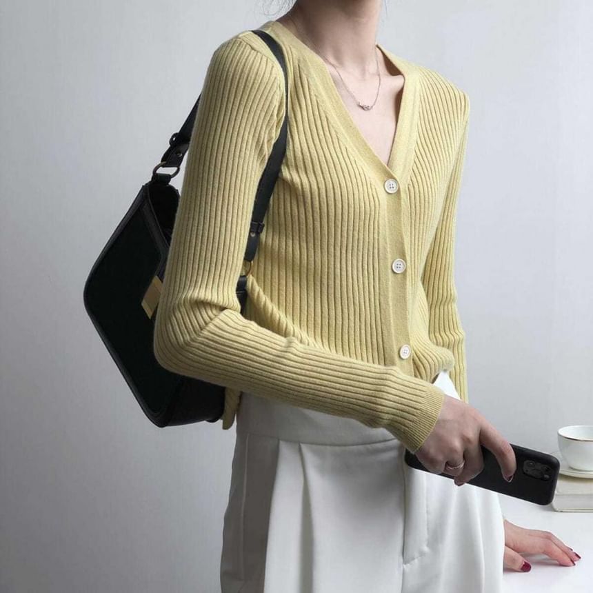 Ribbed V-Neck Plain Cardigan