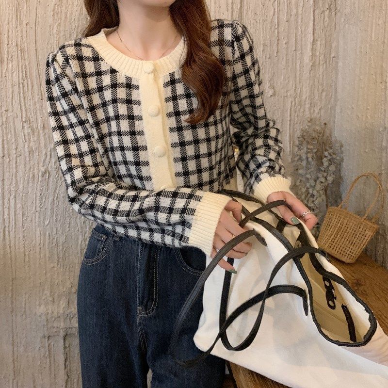 Plaid Round Neck Cardigan