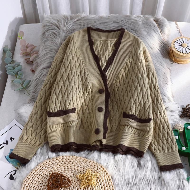 Contrast Trim Quilted V-Neck Plain Cardigan