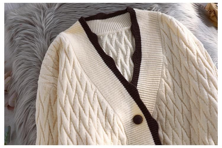 Contrast Trim Quilted V-Neck Plain Cardigan