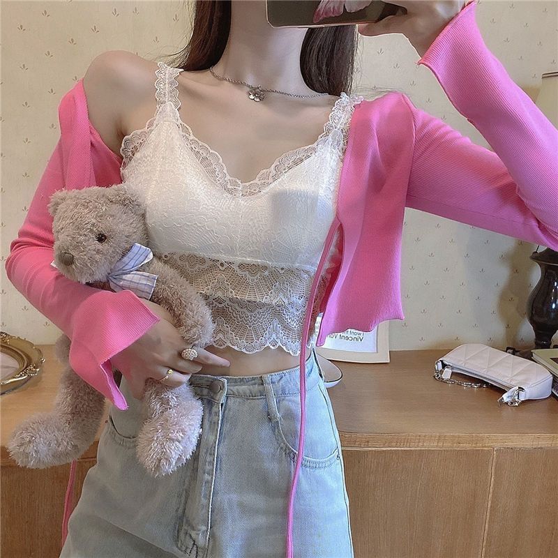 Cropped Lace-Up Plain Cardigan