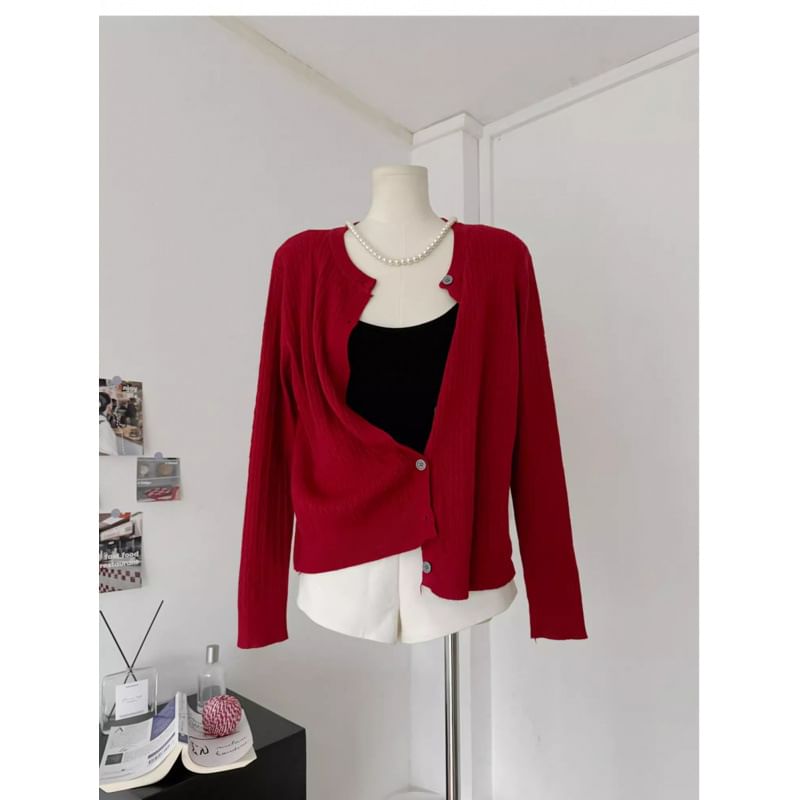 Button-Up Crewneck Plain Cardigan