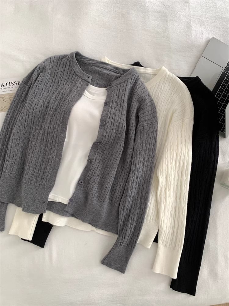 Button-Up Crewneck Plain Cardigan