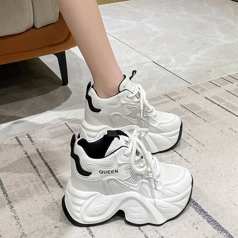 Panel Faux Wedge Sneakers Leather Hidden Lace-Up Mesh