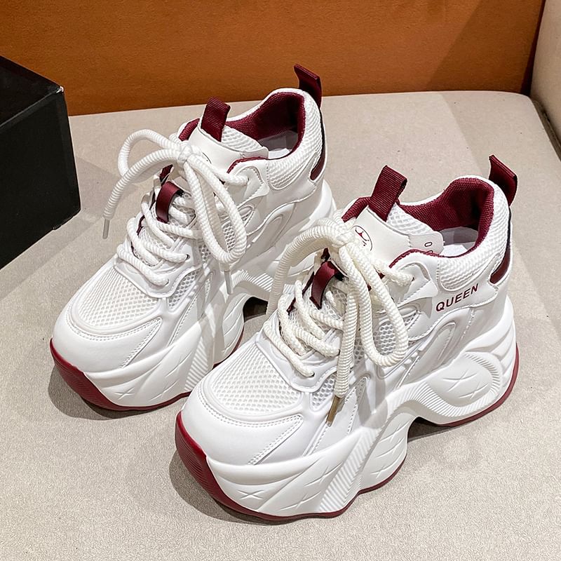 Panel Faux Wedge Sneakers Leather Hidden Lace-Up Mesh