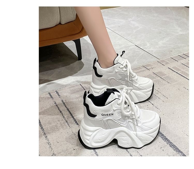 Panel Faux Wedge Sneakers Leather Hidden Lace-Up Mesh