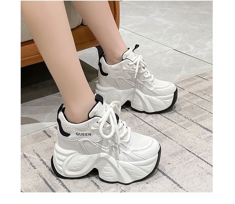 Panel Faux Wedge Sneakers Leather Hidden Lace-Up Mesh