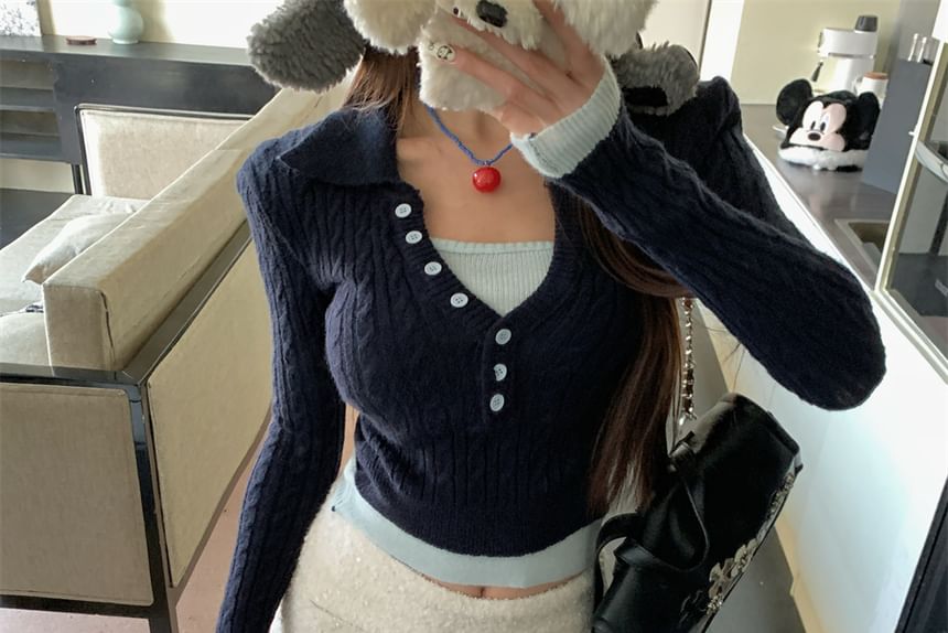 Sweater Tone Cable-Knit Two-Piece Mock Cropped Two Collar