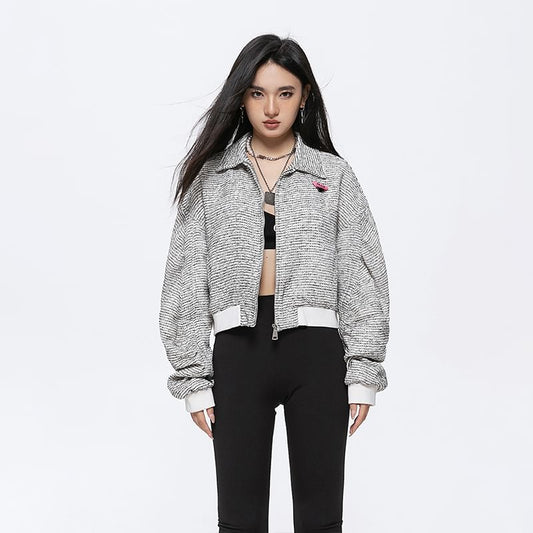 Letter Embroidered Tweed Zip Jacket