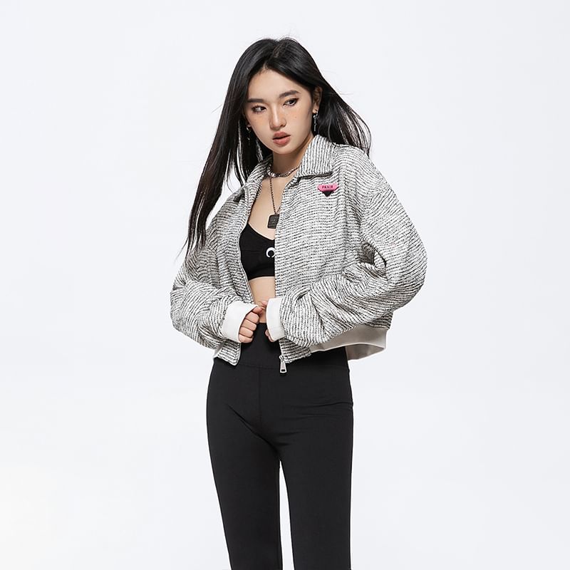 Letter Embroidered Tweed Zip Jacket