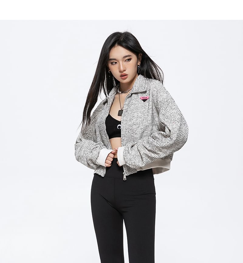 Letter Embroidered Tweed Zip Jacket