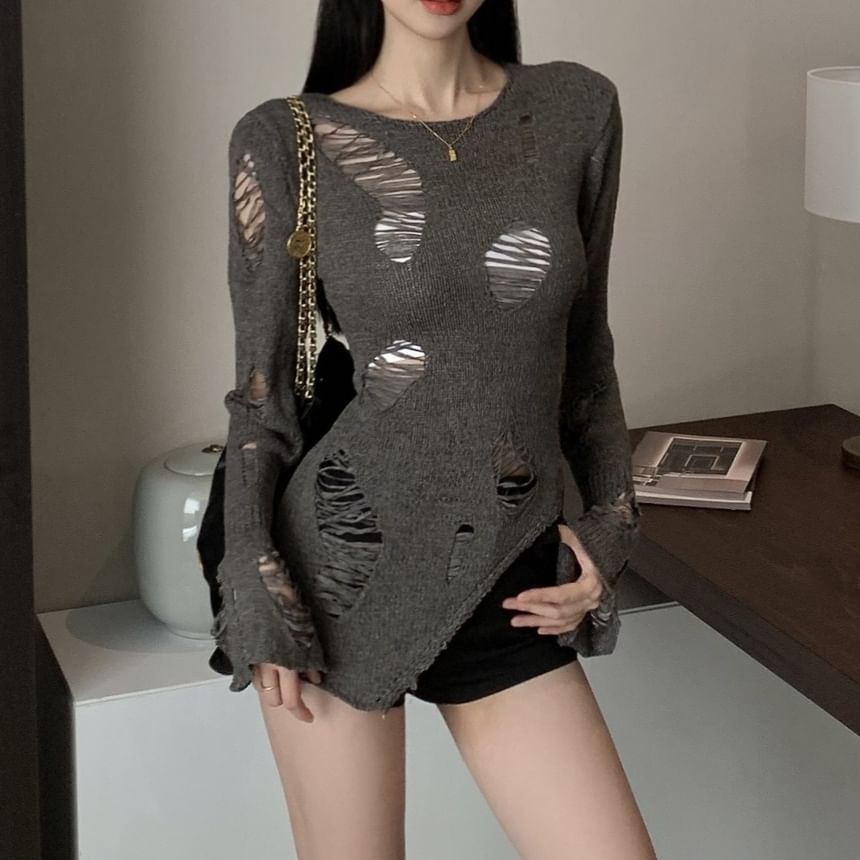Distressed Plain Top Long Knit Neck Sleeve Crew