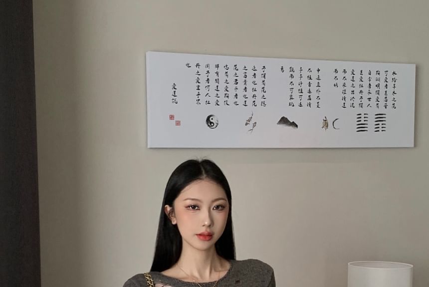 Distressed Plain Top Long Knit Neck Sleeve Crew