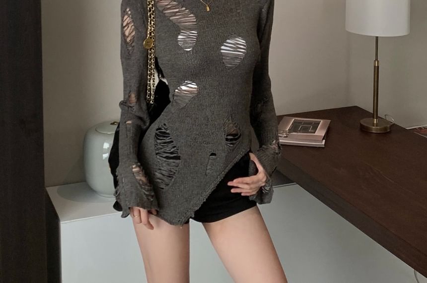 Distressed Plain Top Long Knit Neck Sleeve Crew