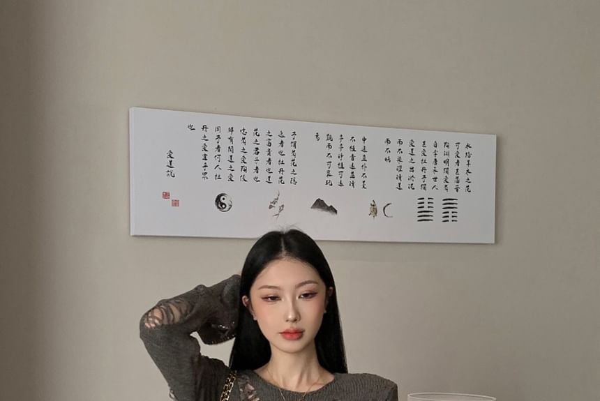 Distressed Plain Top Long Knit Neck Sleeve Crew