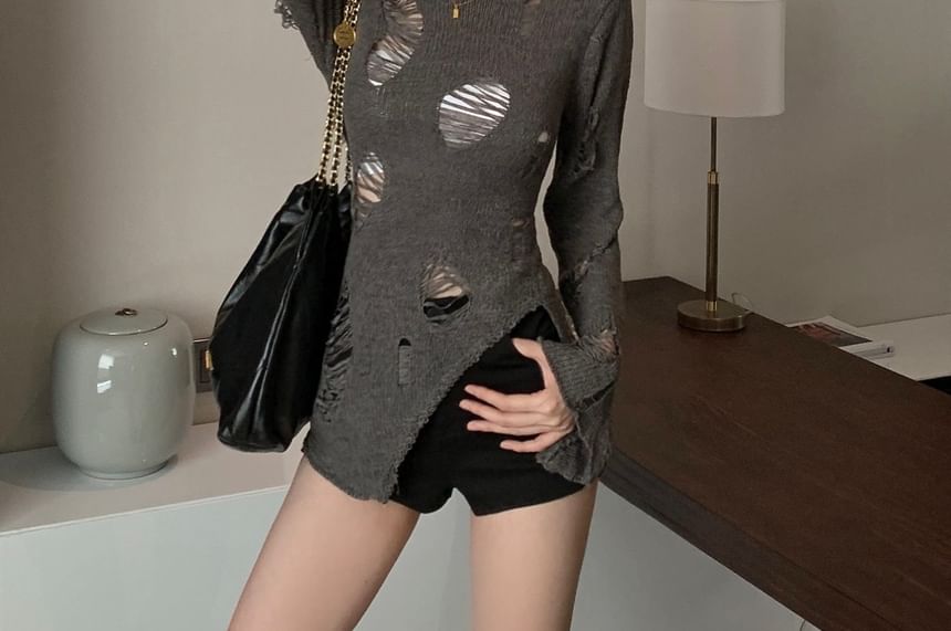Distressed Plain Top Long Knit Neck Sleeve Crew