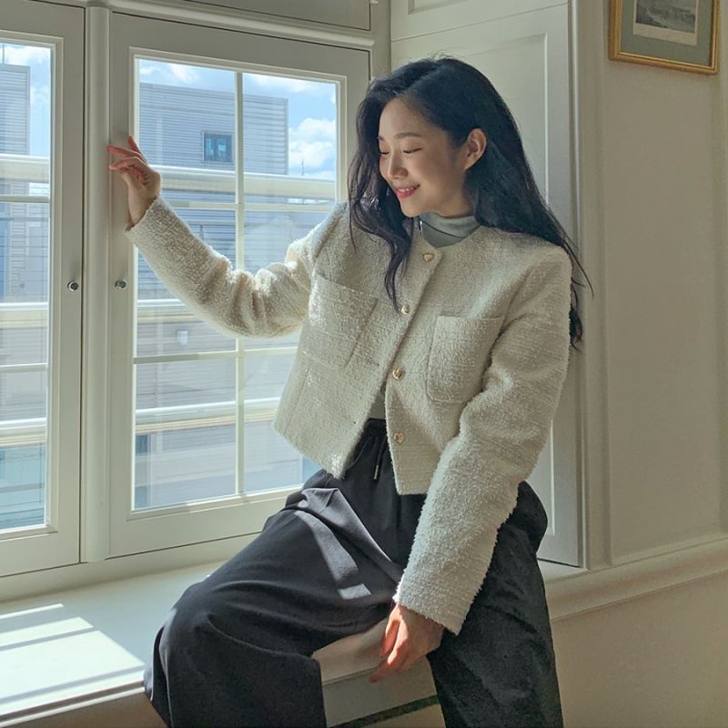 Crew Neck Button-Up Plain Tweed Crop Jacket