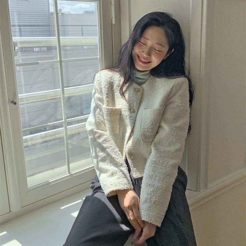 Crew Neck Button-Up Plain Tweed Crop Jacket
