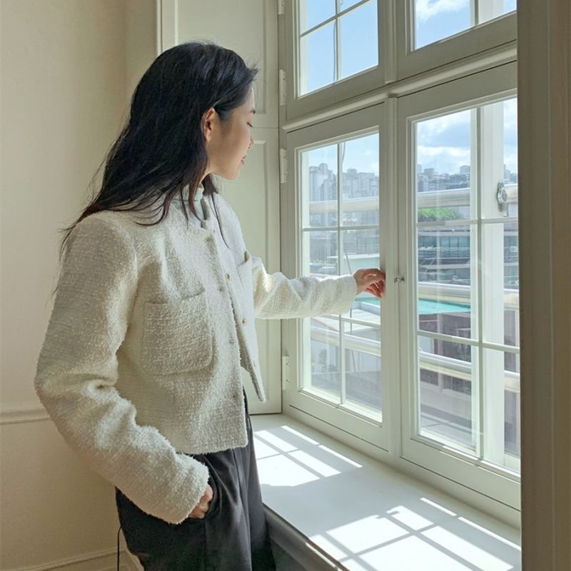 Crew Neck Button-Up Plain Tweed Crop Jacket