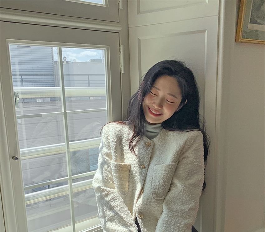 Crew Neck Button-Up Plain Tweed Crop Jacket