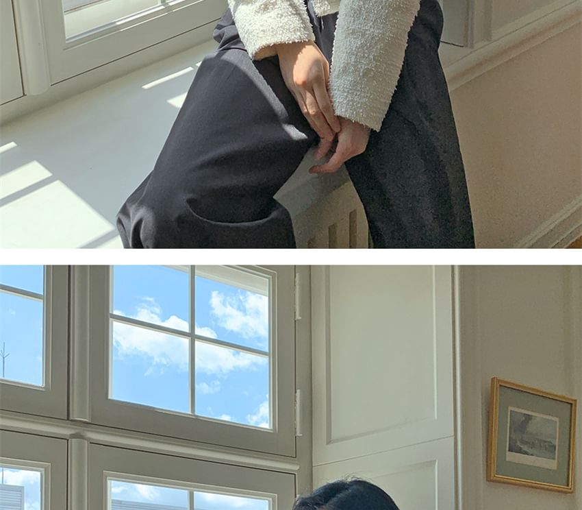 Crew Neck Button-Up Plain Tweed Crop Jacket