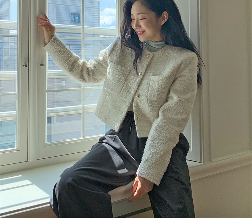 Crew Neck Button-Up Plain Tweed Crop Jacket