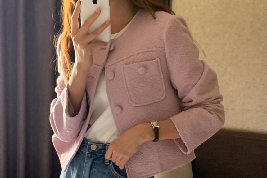 Crew Neck Button-Up Plain Tweed Crop Jacket