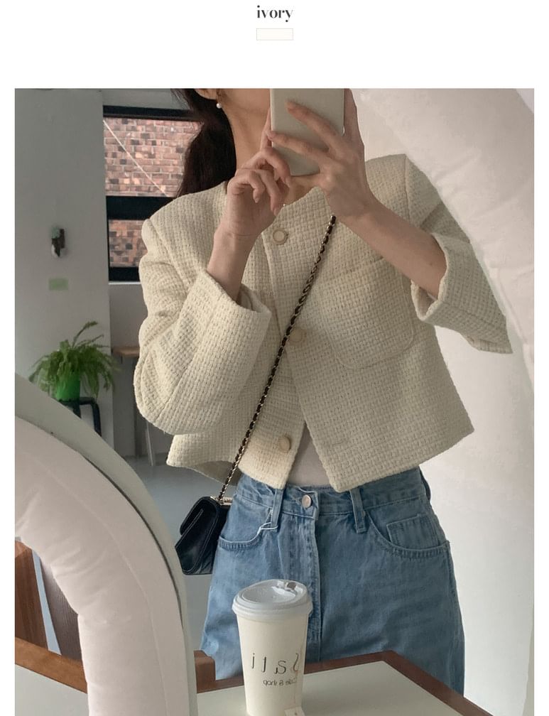 Crew Neck Button-Up Plain Tweed Crop Jacket