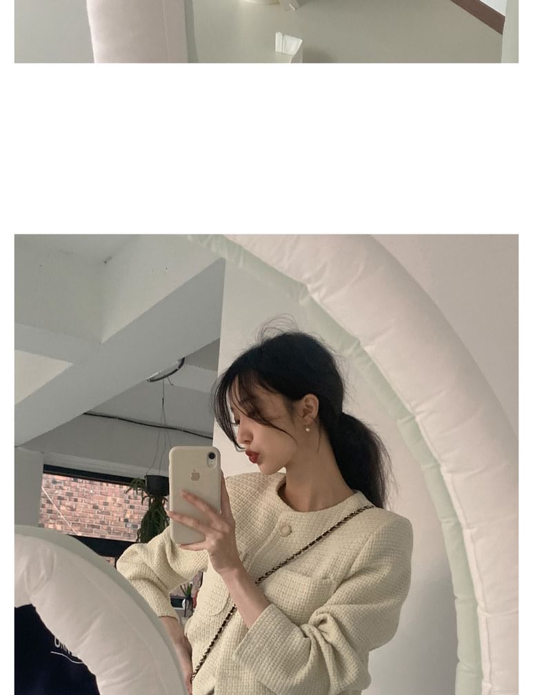 Crew Neck Button-Up Plain Tweed Crop Jacket