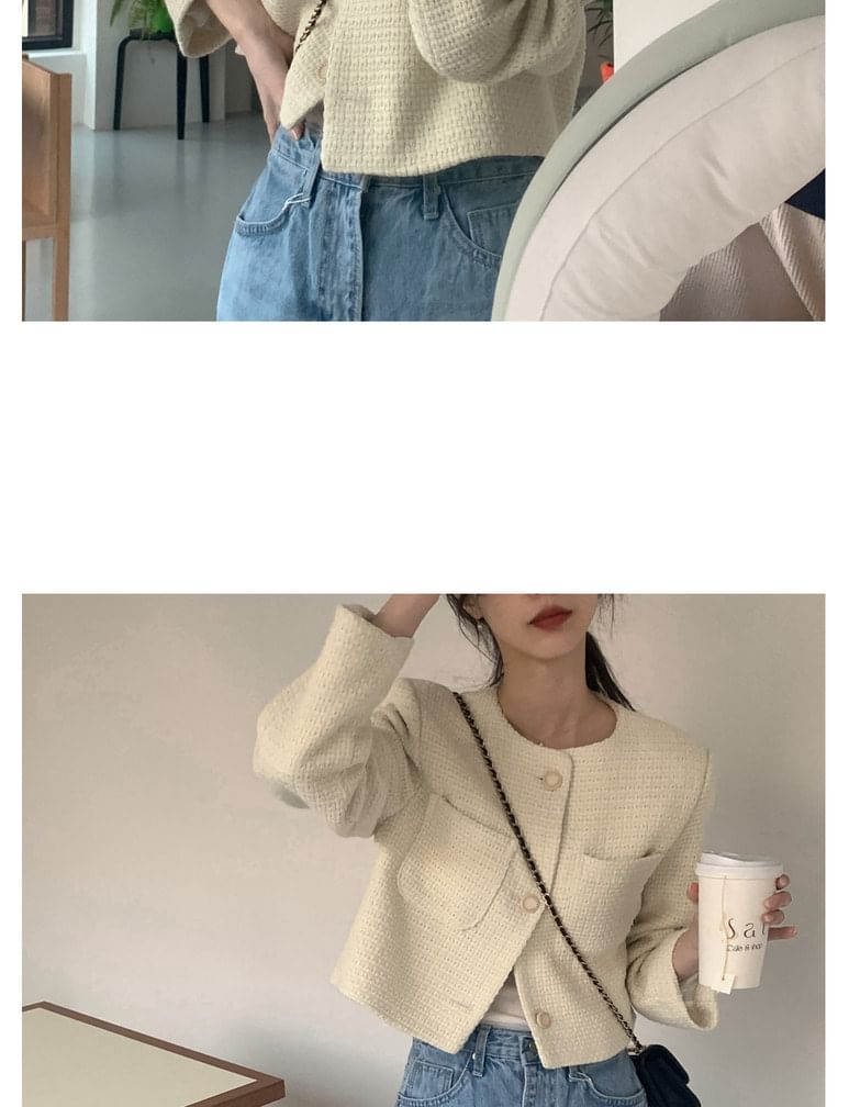 Crew Neck Button-Up Plain Tweed Crop Jacket